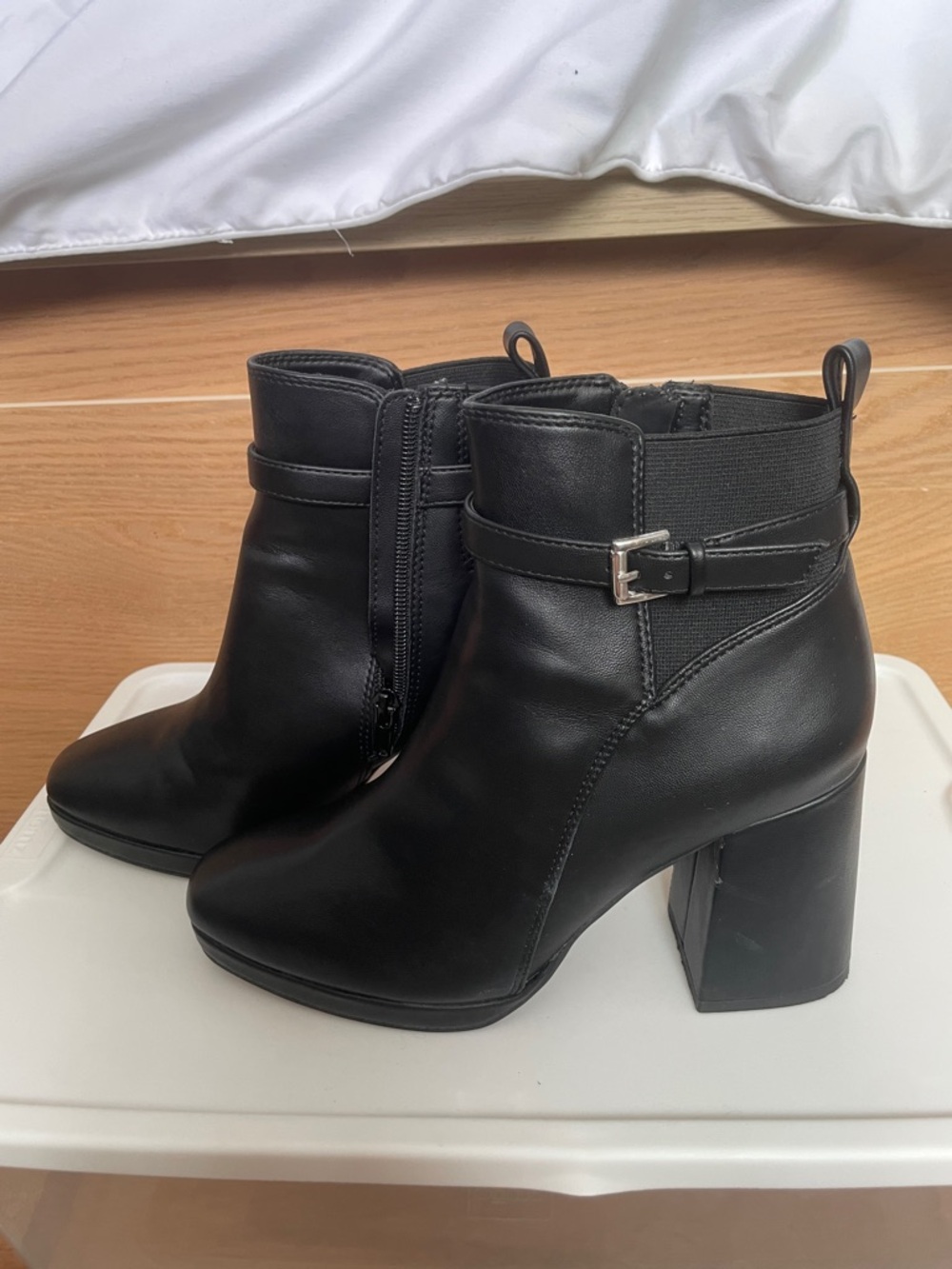 Kelly & Katie Black Block Heel Ankle Booties with Buckle